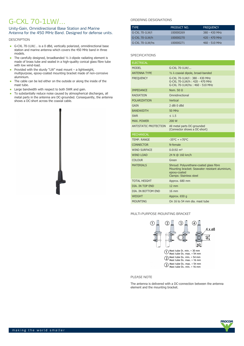 Procom G-CXL 70-1LW-... User Manual | 2 pages