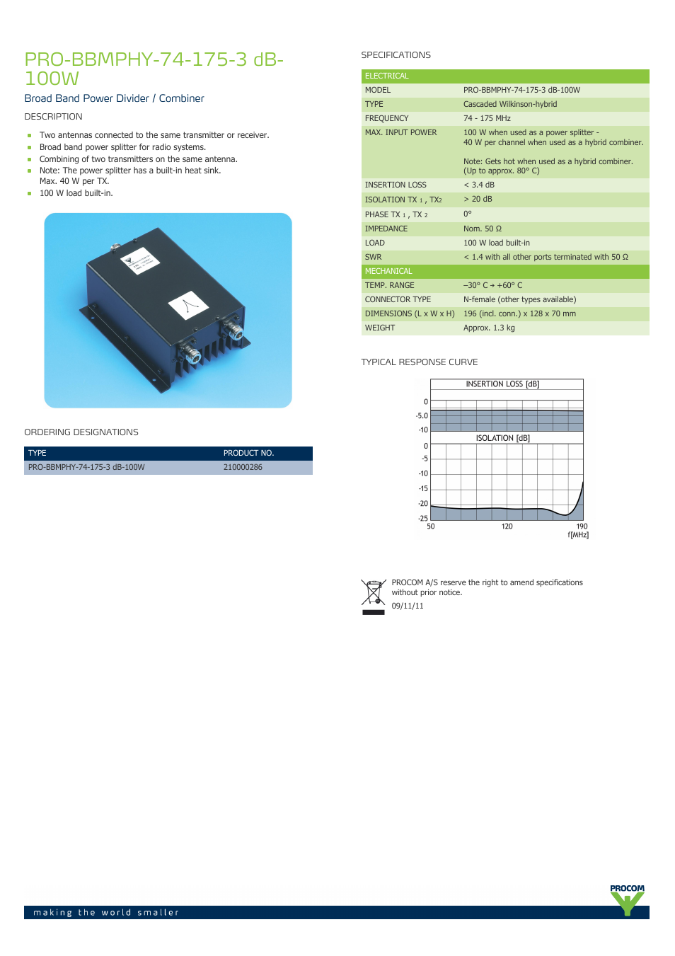 Procom PRO-bbmphy-74-175-3-db-100w User Manual | 1 page