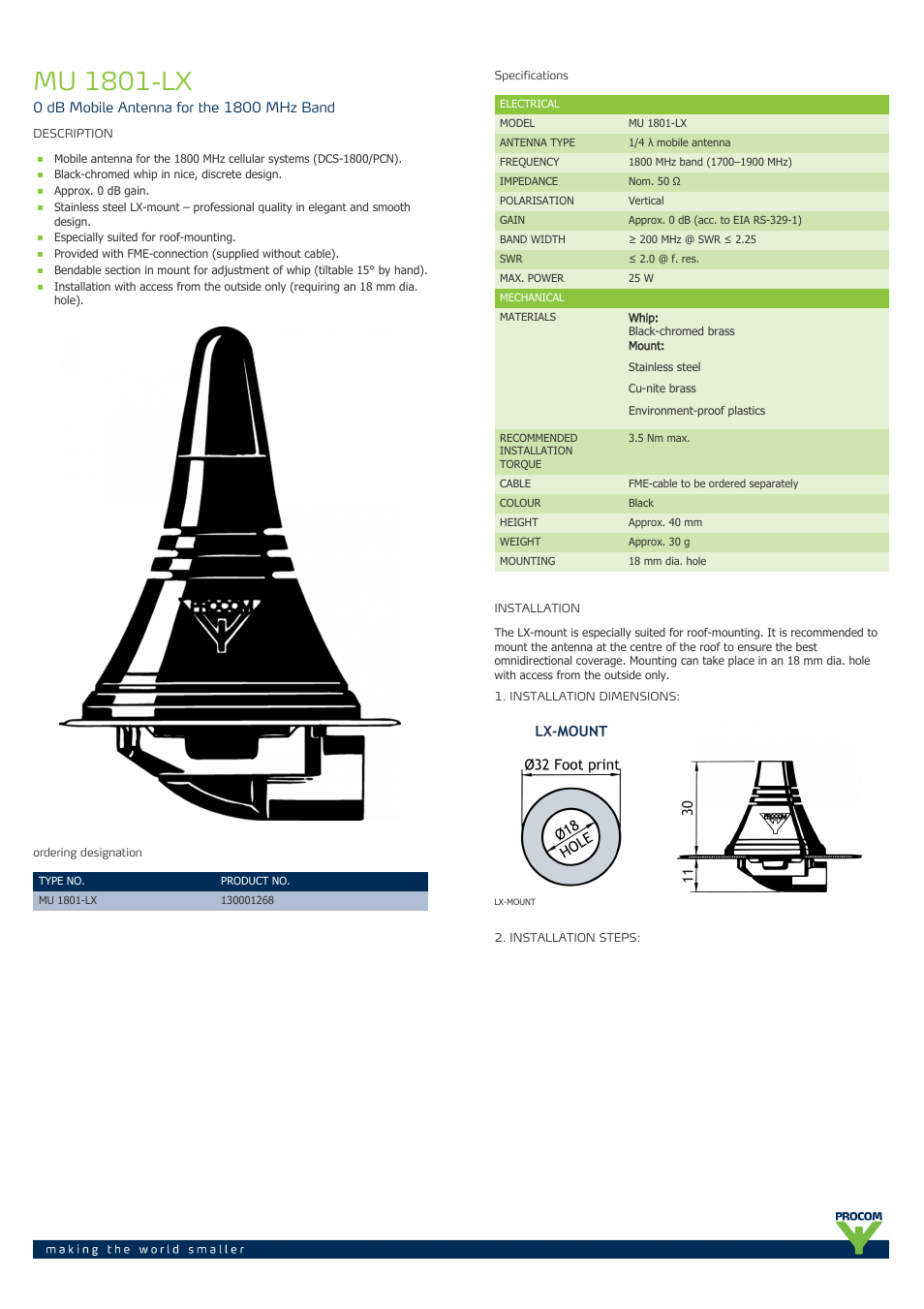 Procom MU 1801-lx User Manual | 2 pages