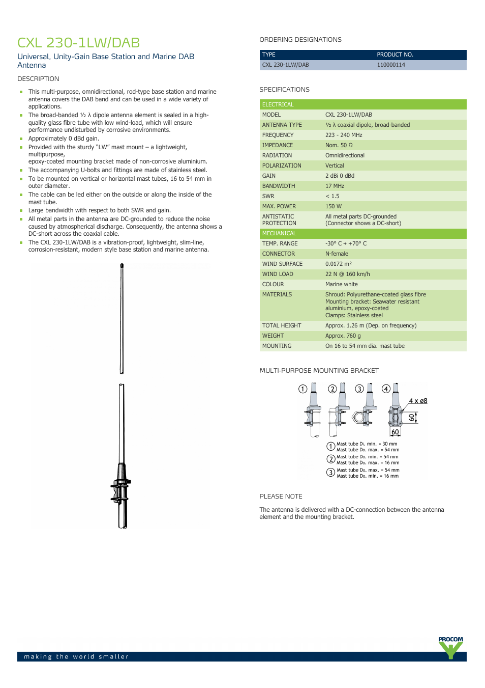 Procom CXL 230-1LW-DAB User Manual | 2 pages