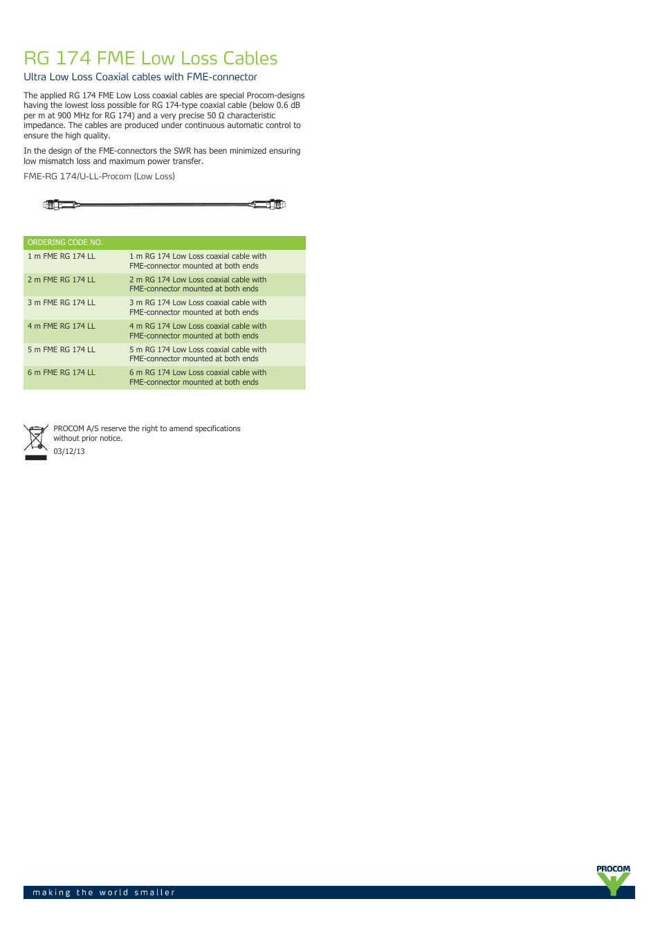 Procom RG-174-fme-ultra-low-loss-cables User Manual | 1 page