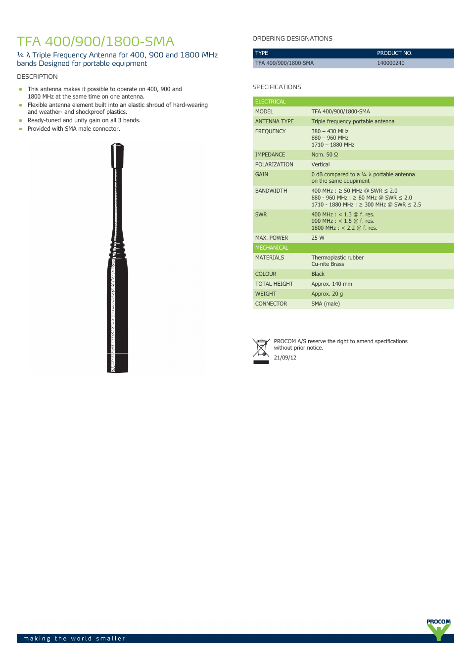 Procom TFA 400-900-1800-sma User Manual | 1 page