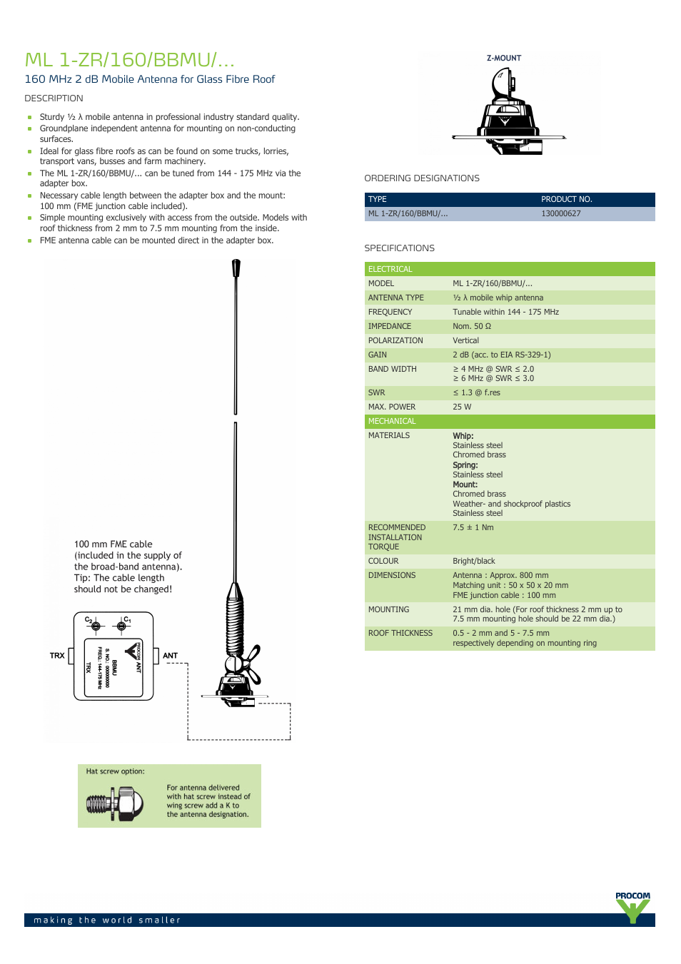 Procom ML 1-ZR-160-BBMU ... User Manual | 2 pages