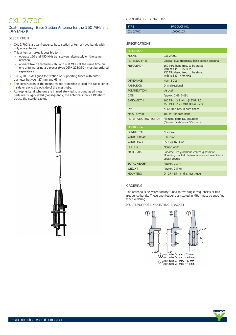 Procom CXL 2-70C User Manual | 2 pages