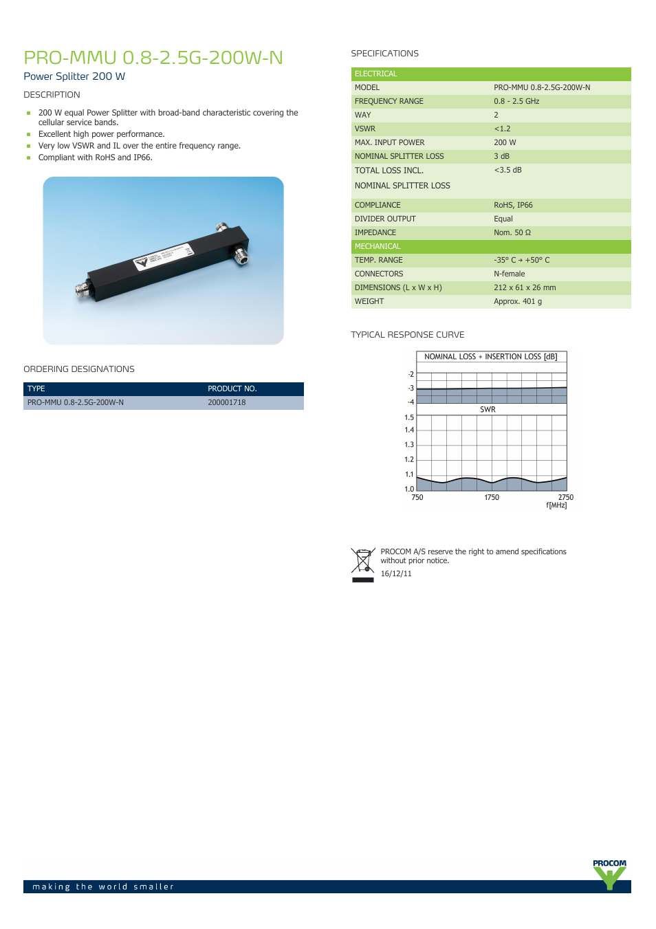Procom PRO-mmu-0.8-2.5g-200w-n User Manual | 1 page