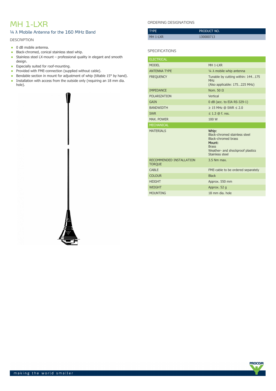 Procom MH 1-LXR User Manual | 2 pages