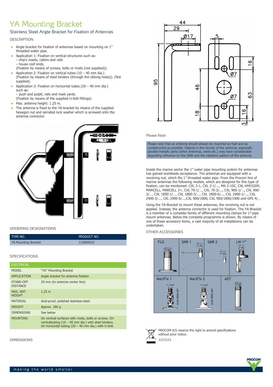 Procom YA Mounting Bracket User Manual | 1 page