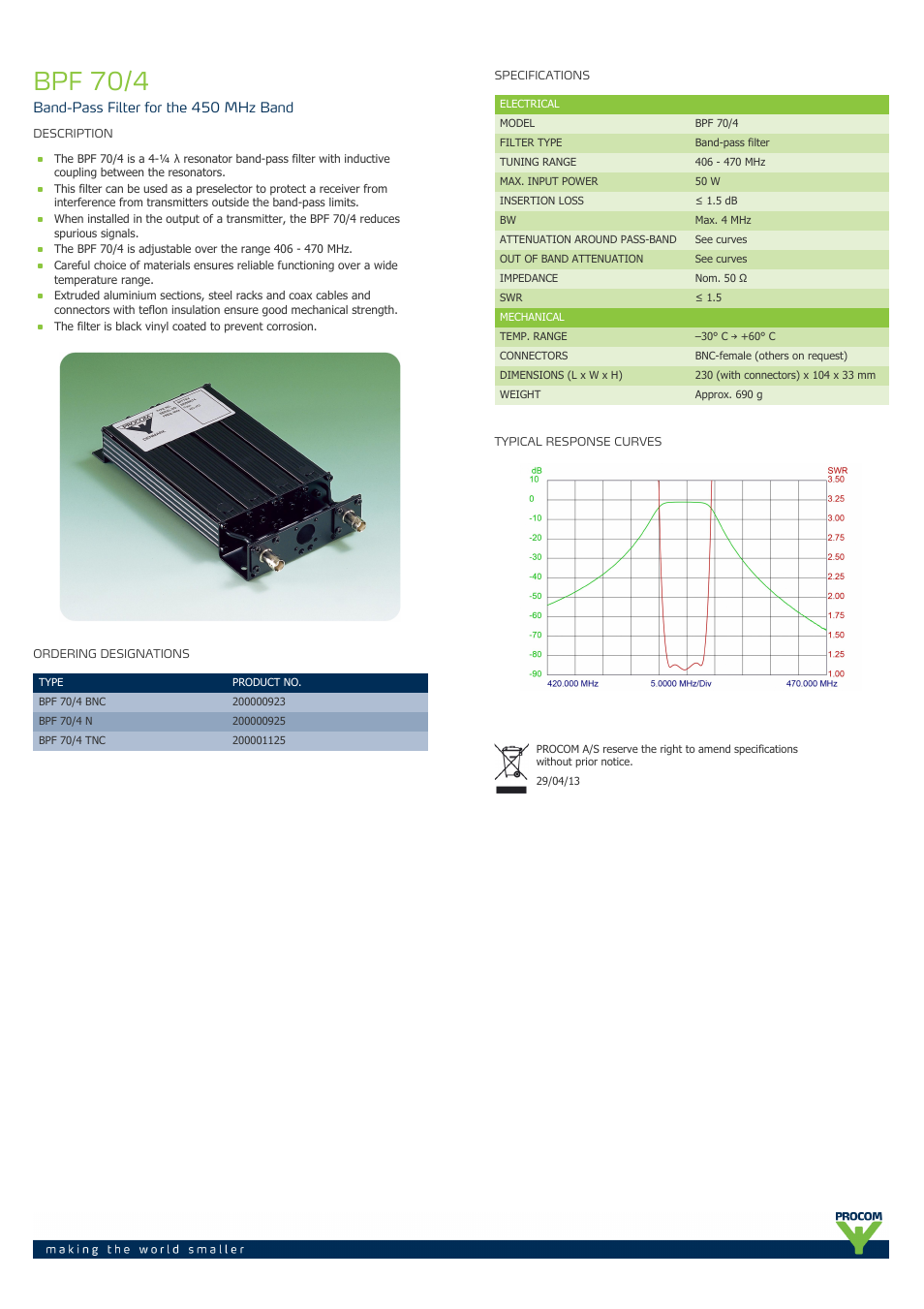 Procom BPF 70-4 User Manual | 1 page