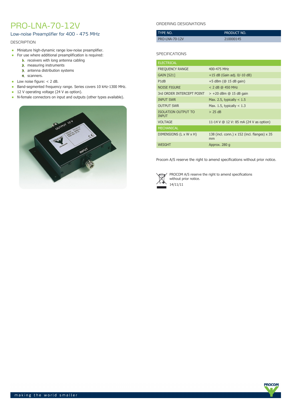 Procom PRO-lna-70-12v User Manual | 1 page
