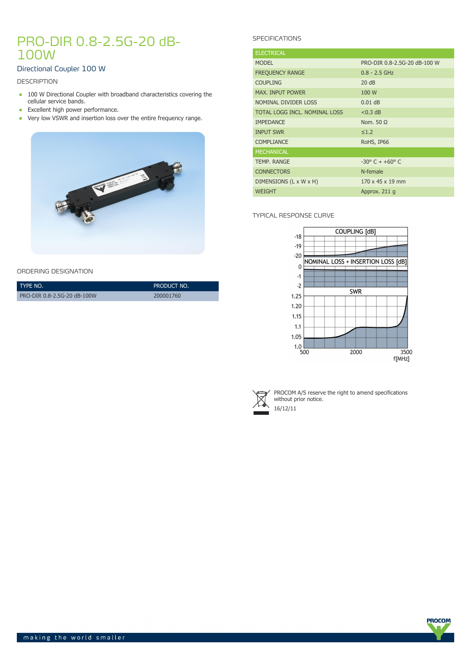 Procom PRO-dir-0.8-2.5g-20-db-100w User Manual | 1 page