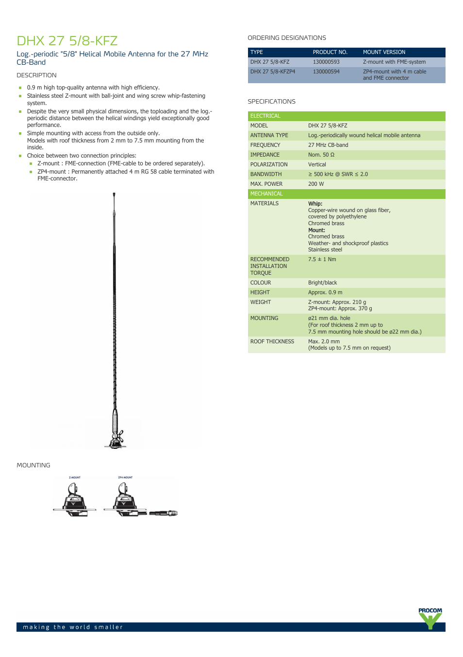 Procom DHX 27-5-8-kfz User Manual | 2 pages