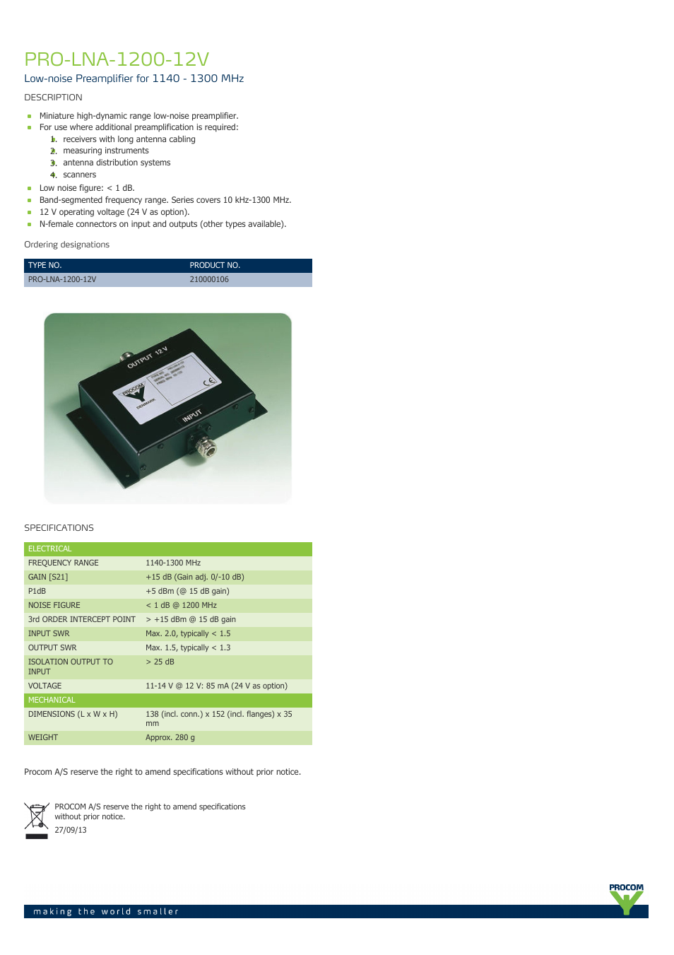 Procom PRO-lna-1200-12v User Manual | 1 page