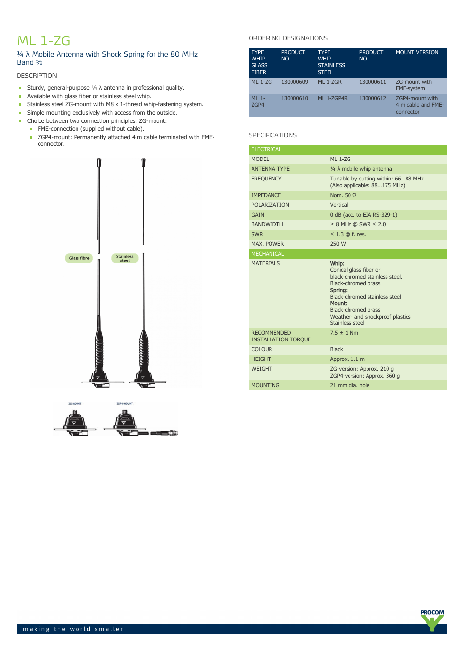 Procom ML 1-ZG User Manual | 2 pages