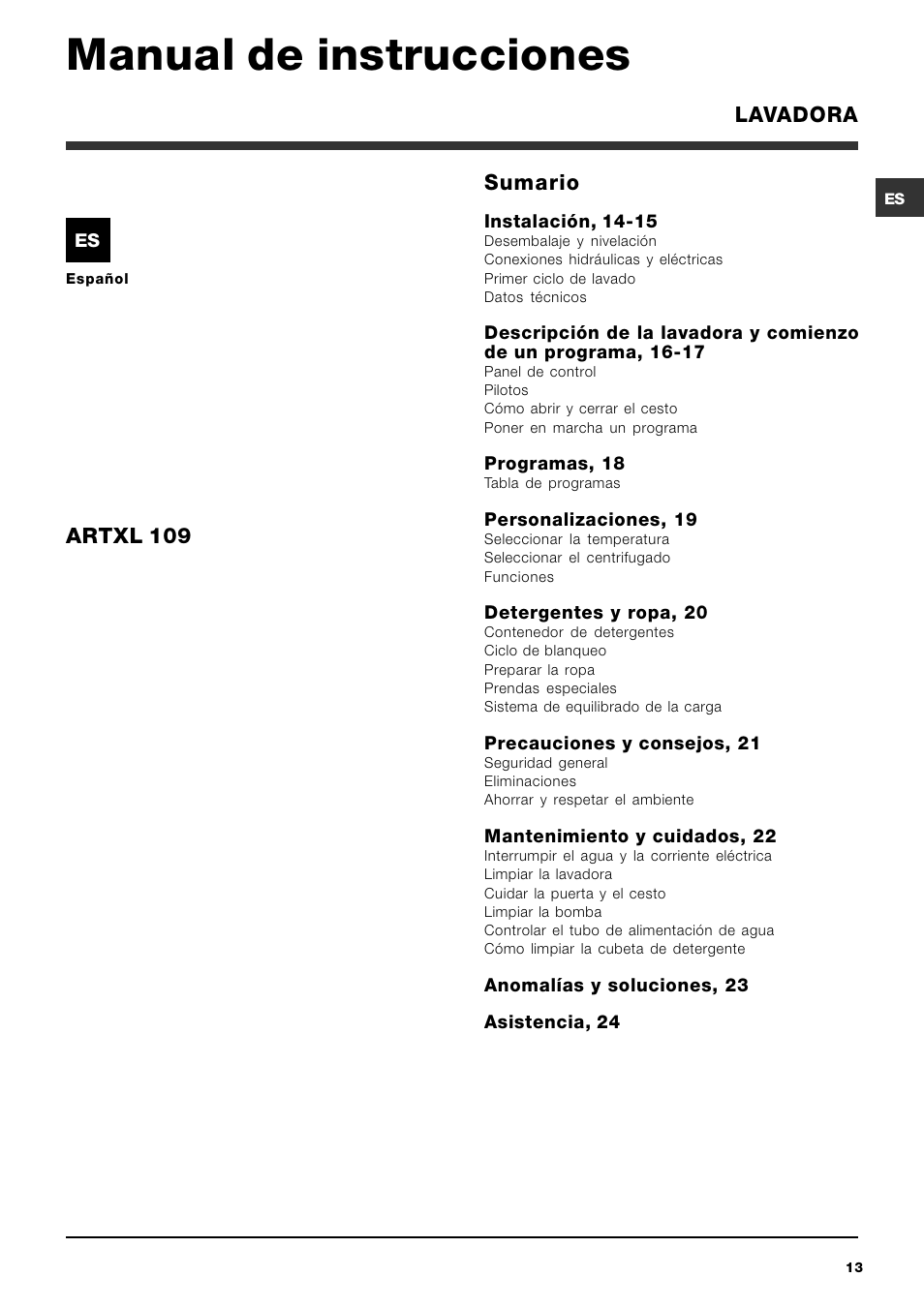 Manual de instrucciones, Sumario, Artxl 109 | Lavadora | Ariston ARTXL 109 User Manual | Page 13 / 72