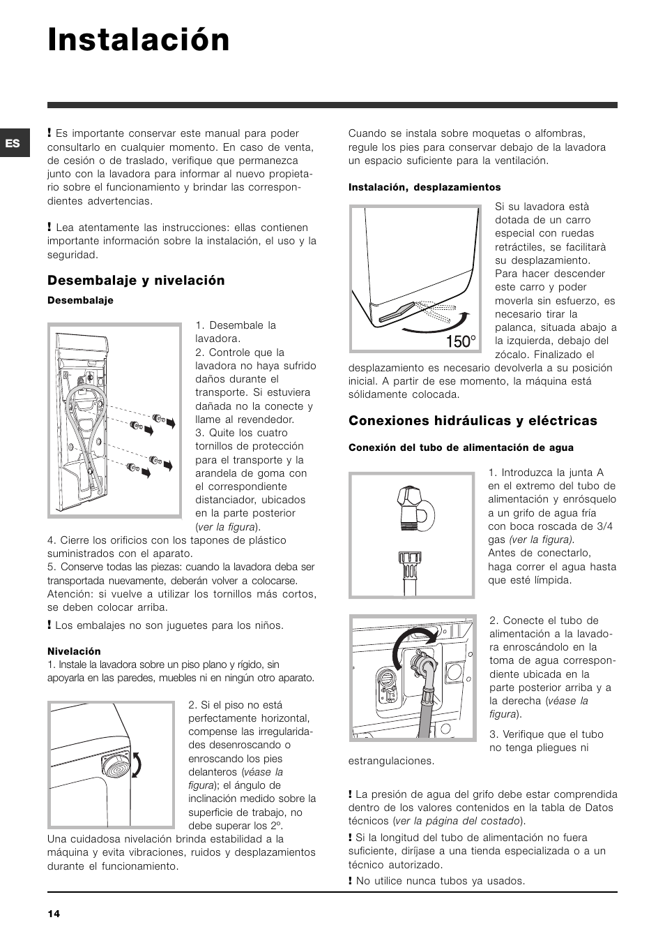 Instalación, Desembalaje y nivelación, Conexiones hidráulicas y eléctricas | Ariston ARTXL 109 User Manual | Page 14 / 72