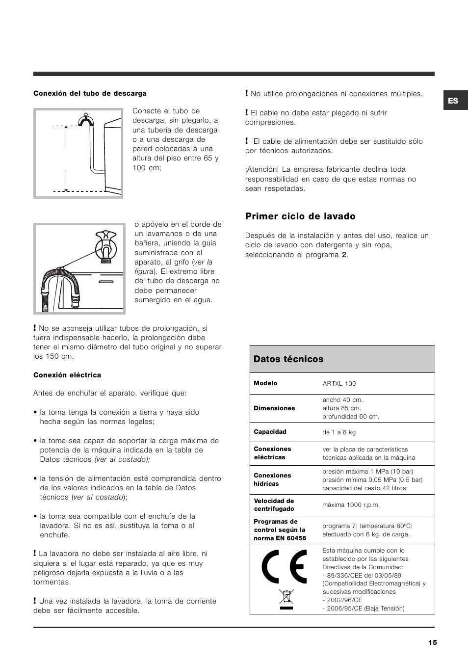 Primer ciclo de lavado, Datos técnicos | Ariston ARTXL 109 User Manual | Page 15 / 72