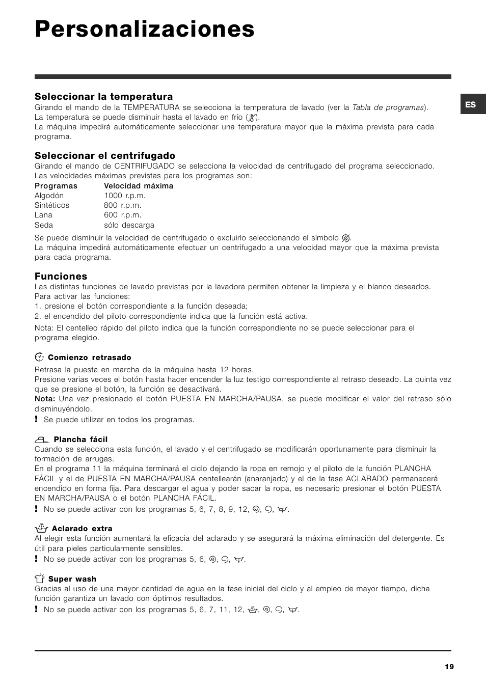 Personalizaciones | Ariston ARTXL 109 User Manual | Page 19 / 72