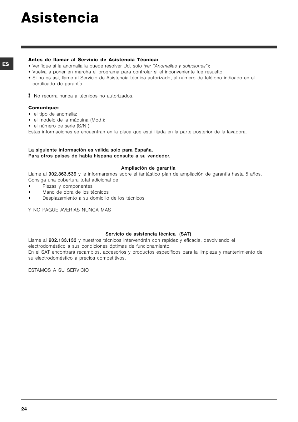Asistencia | Ariston ARTXL 109 User Manual | Page 24 / 72