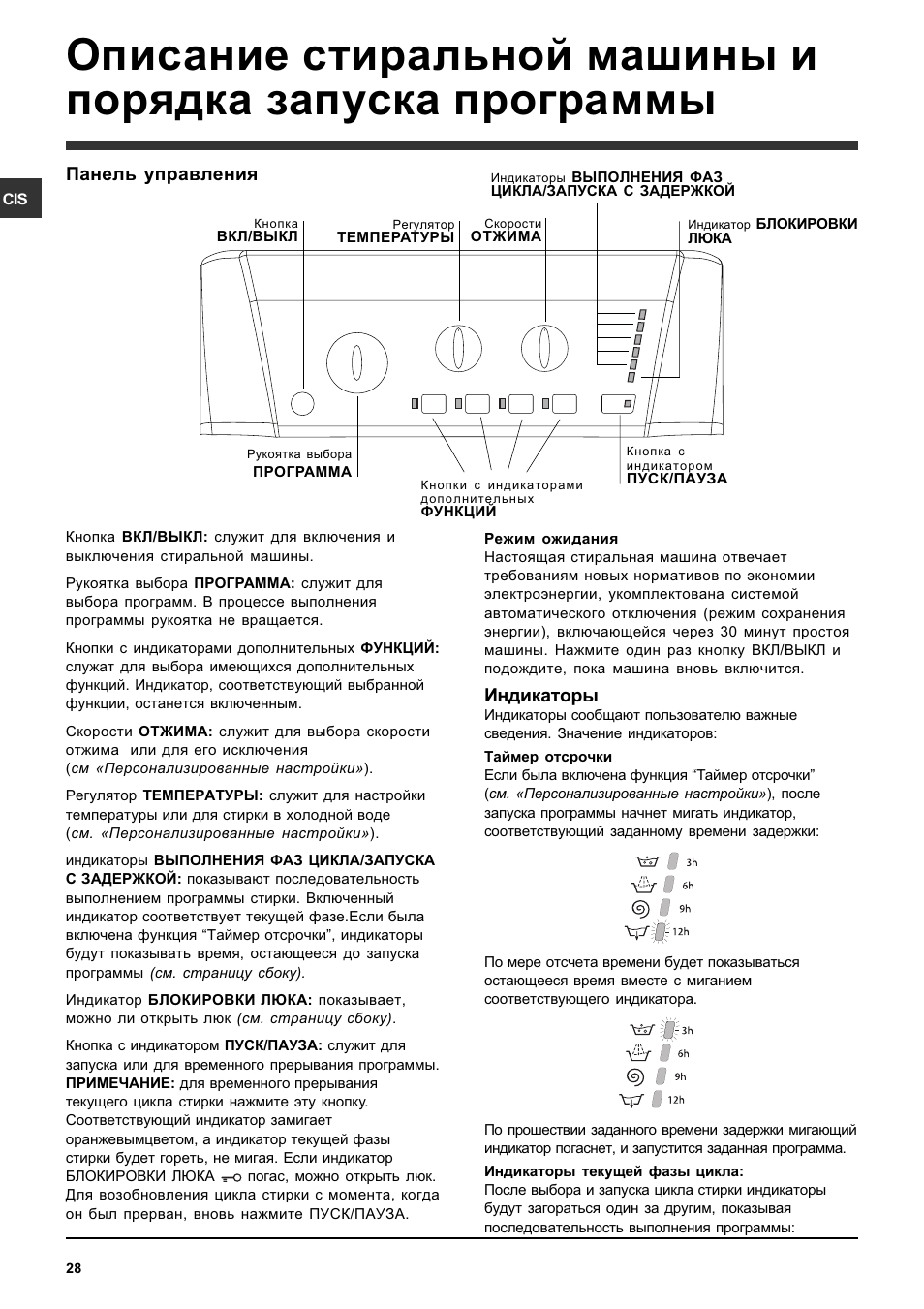 Индикаторы, Панель управления | Ariston ARTXL 109 User Manual | Page 28 / 72