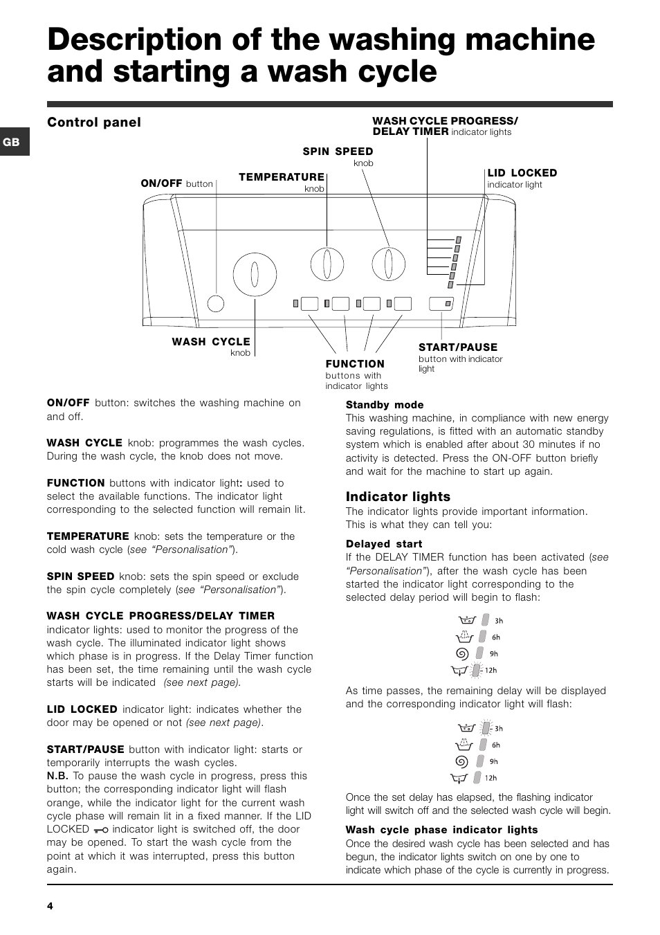 Indicator lights, Control panel | Ariston ARTXL 109 User Manual | Page 4 / 72