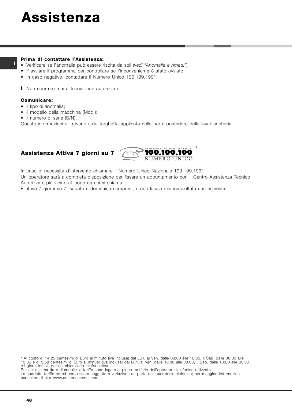 Assistenza | Ariston ARTXL 109 User Manual | Page 48 / 72