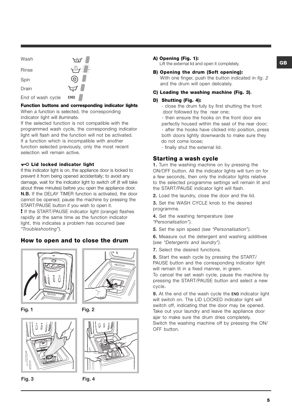 How to open and to close the drum, Starting a wash cycle | Ariston ARTXL 109 User Manual | Page 5 / 72