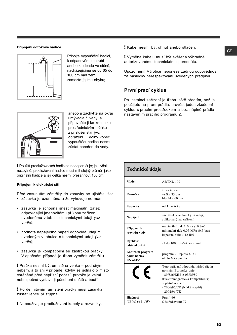 Technické údaje, První prací cyklus | Ariston ARTXL 109 User Manual | Page 63 / 72