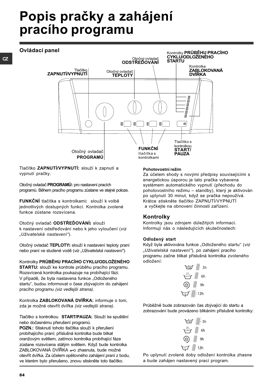 Popis praèky a zahájení pracího programu, Kontrolky, Ovládací panel | Ariston ARTXL 109 User Manual | Page 64 / 72