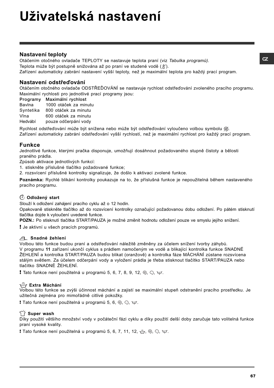 Uivatelská nastavení | Ariston ARTXL 109 User Manual | Page 67 / 72