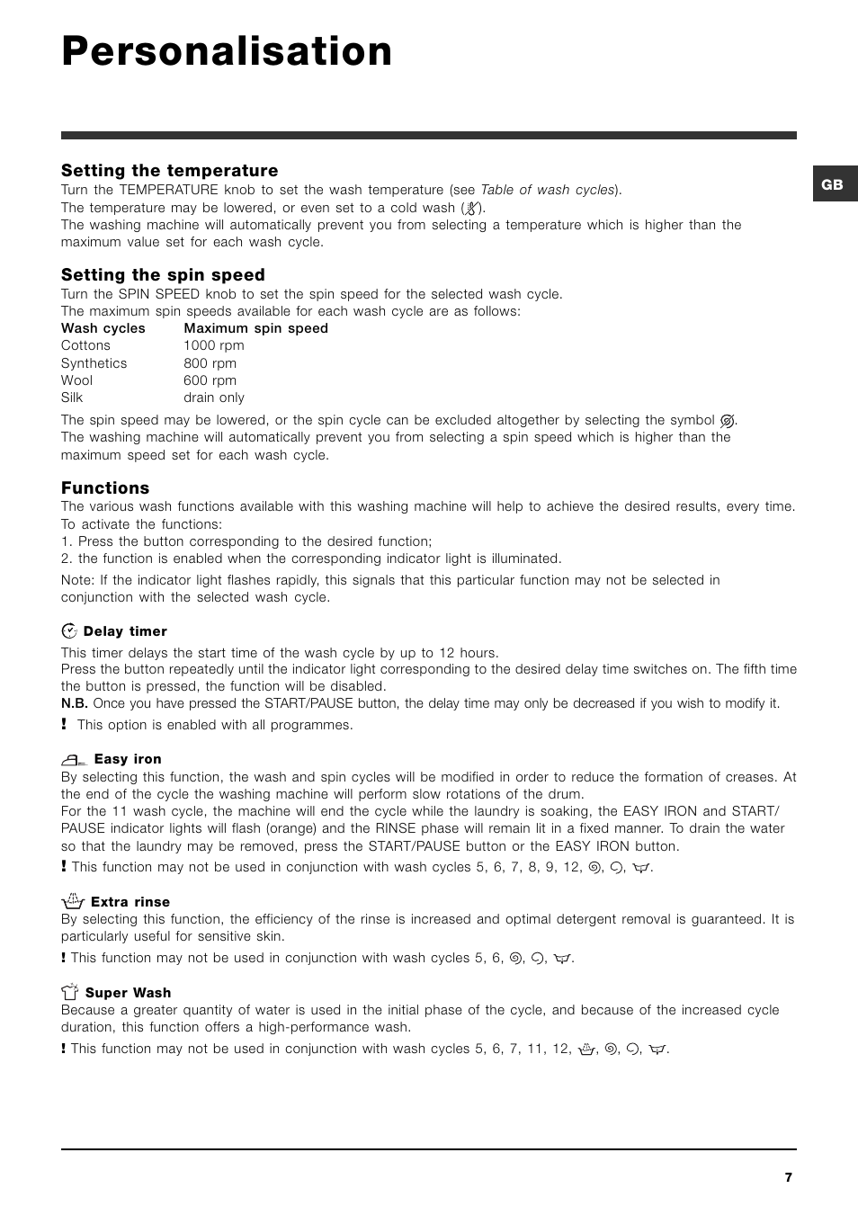 Personalisation | Ariston ARTXL 109 User Manual | Page 7 / 72