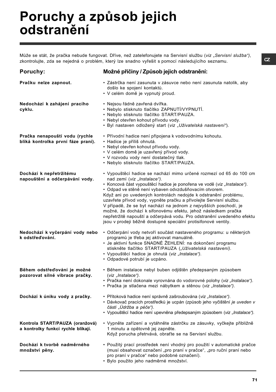 Poruchy a zpùsob jejich odstranìní | Ariston ARTXL 109 User Manual | Page 71 / 72