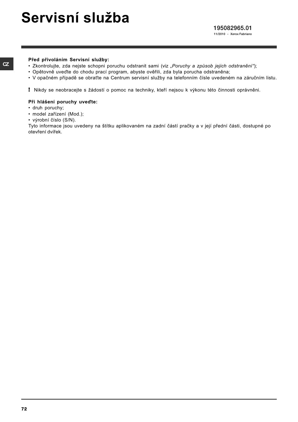 Servisní sluba | Ariston ARTXL 109 User Manual | Page 72 / 72