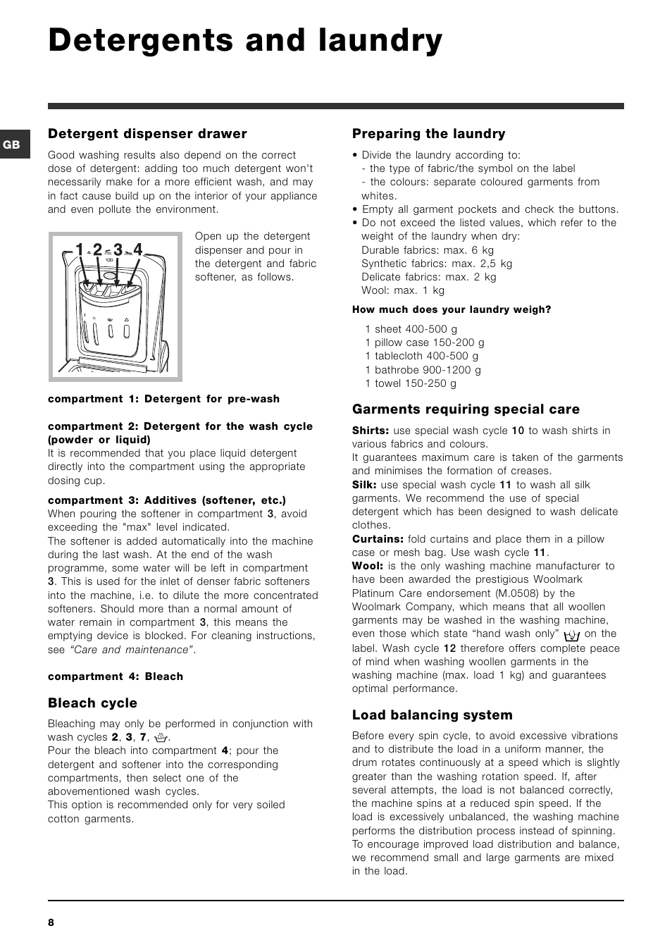 Detergents and laundry, Detergent dispenser drawer, Bleach cycle | Preparing the laundry, Garments requiring special care, Load balancing system | Ariston ARTXL 109 User Manual | Page 8 / 72