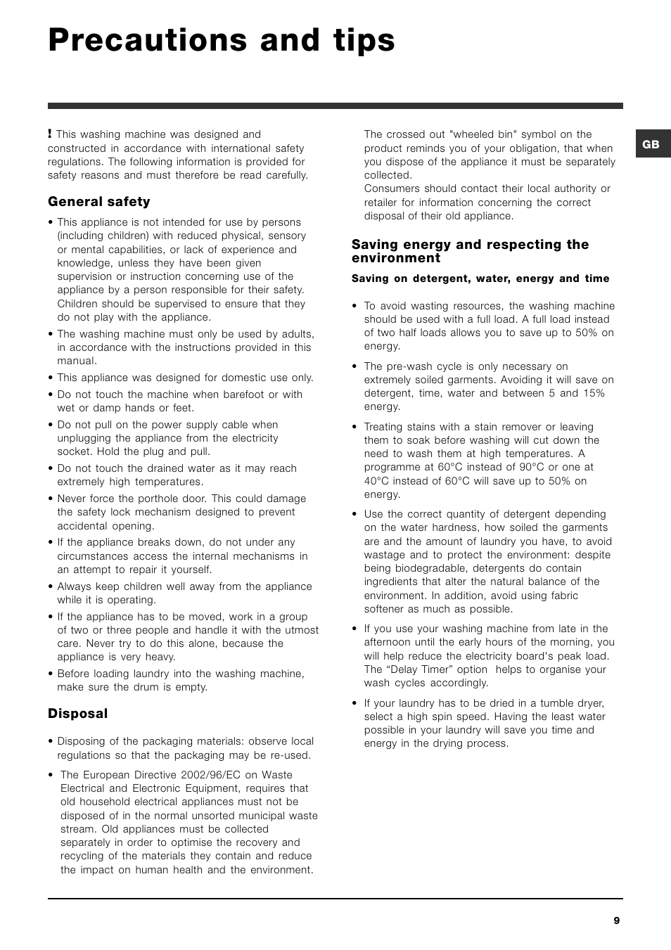 Precautions and tips, General safety, Disposal | Saving energy and respecting the environment | Ariston ARTXL 109 User Manual | Page 9 / 72