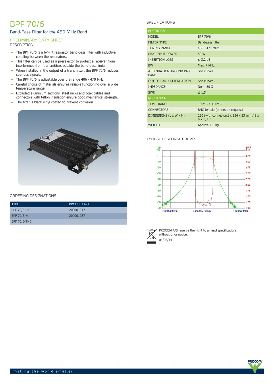 Procom BPF 70-6 User Manual | 1 page
