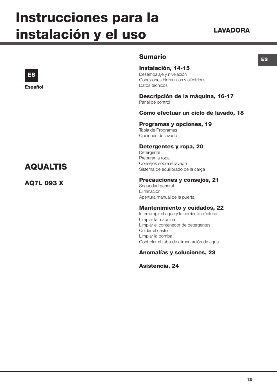 Instrucciones para la instalación y el uso, Aqualtis | Ariston Aqualtis AQ7L 093 X User Manual | Page 13 / 48