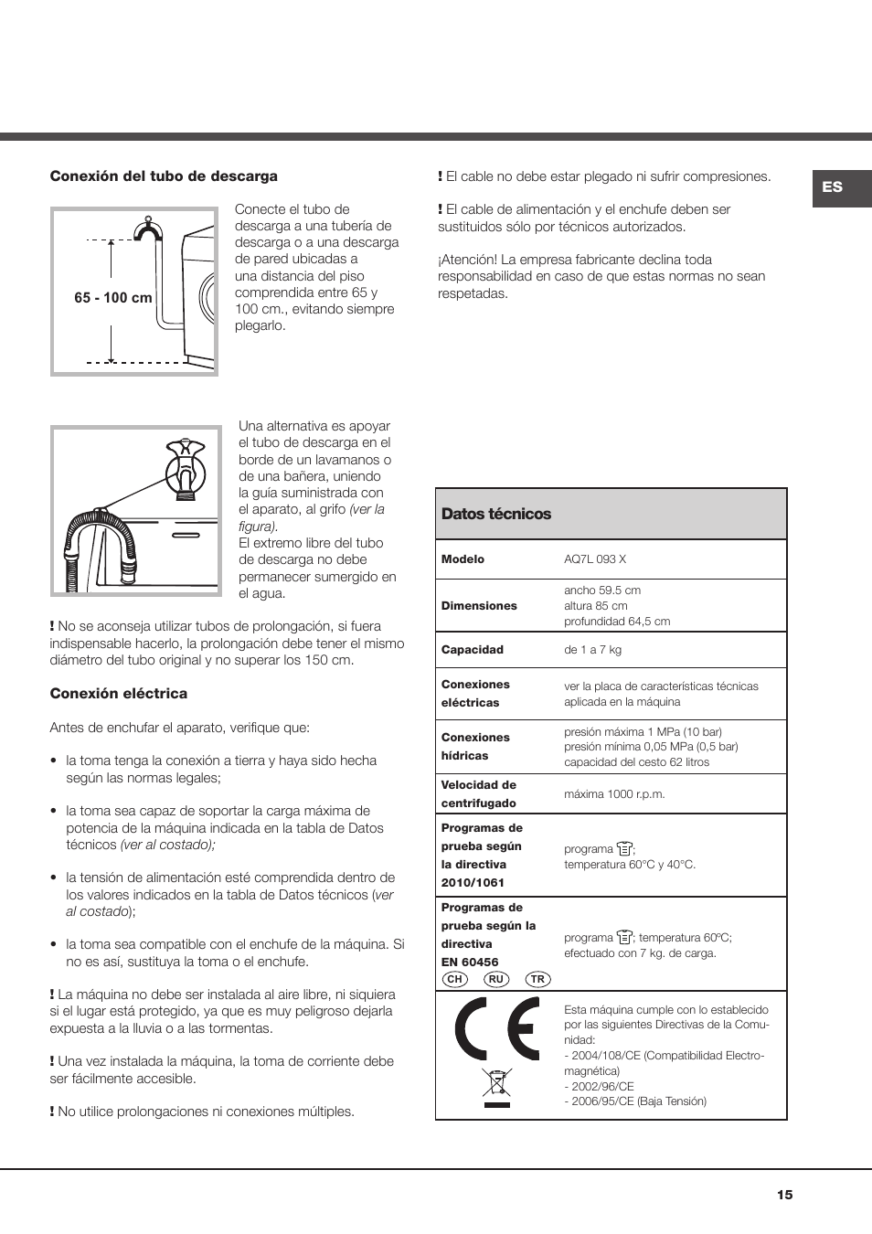 Datos técnicos | Ariston Aqualtis AQ7L 093 X User Manual | Page 15 / 48