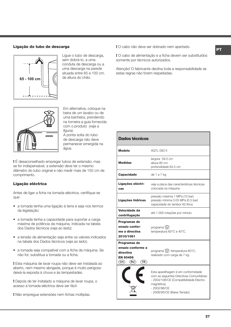 Dados técnicos | Ariston Aqualtis AQ7L 093 X User Manual | Page 27 / 48