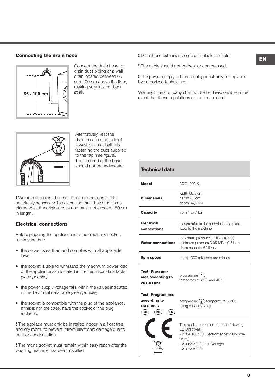 Technical data | Ariston Aqualtis AQ7L 093 X User Manual | Page 3 / 48