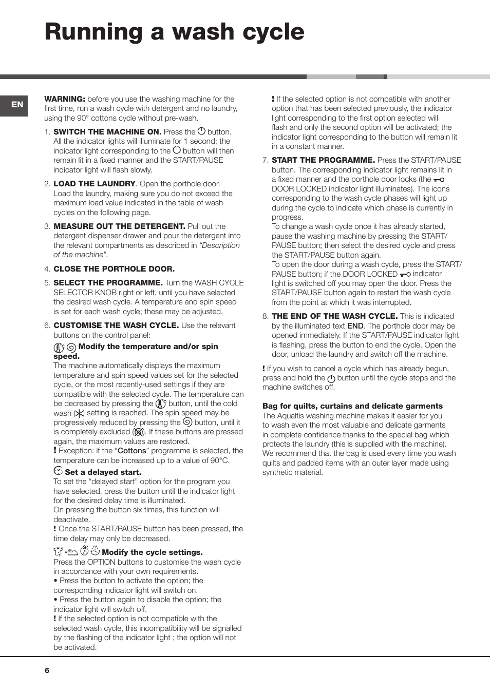 Running a wash cycle | Ariston Aqualtis AQ7L 093 X User Manual | Page 6 / 48