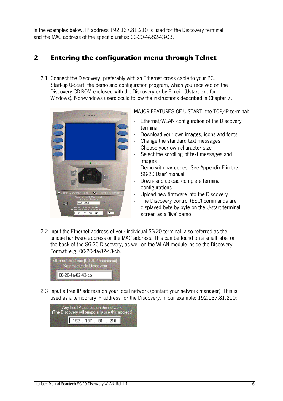 2entering the configuration menu through telnet | SCANTECH ID (Champtek company) SG20 User Manual | Page 8 / 15