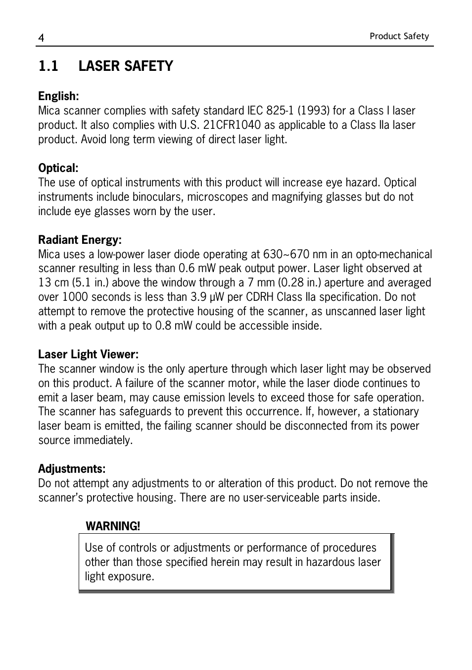 Laser safety, 1 laser safety | SCANTECH ID (Champtek company) M-9030 User Manual | Page 10 / 36