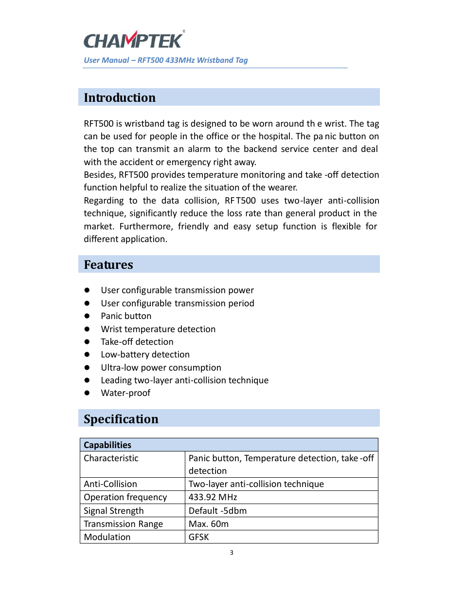 Introduction, Features, Specification | SCANTECH ID (Champtek company) RFT500 User Manual | Page 3 / 5