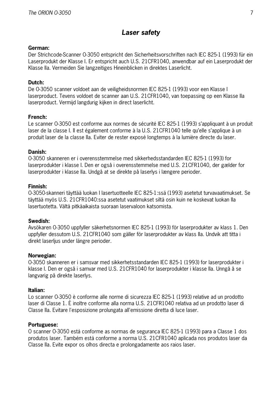 Laser safety | SCANTECH ID (Champtek company) ORION O-3050 User Manual | Page 15 / 41