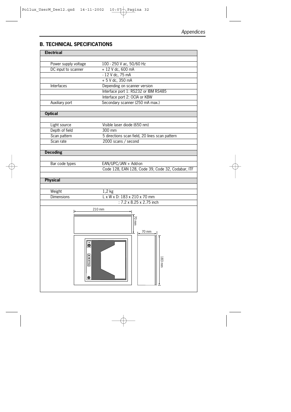 B. technical specifications 28 appendices | SCANTECH ID (Champtek company) Pollux P-4010 User Manual | Page 34 / 40