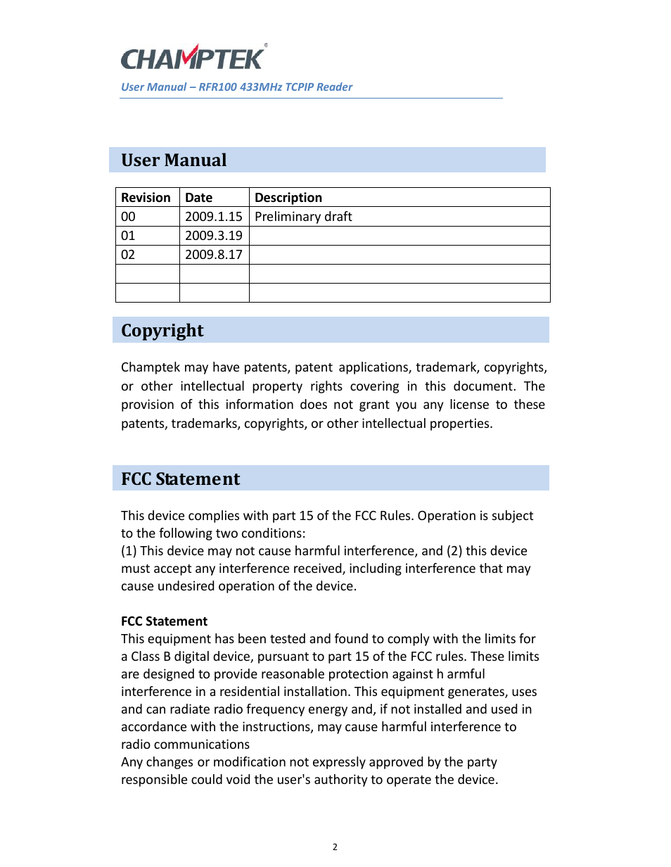 User manual, Copyright, Fcc statement | SCANTECH ID (Champtek company) RFR100 User Manual | Page 2 / 16
