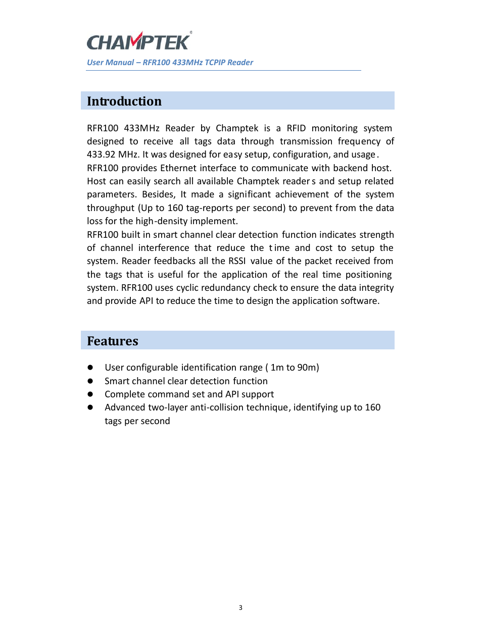 Introduction, Features | SCANTECH ID (Champtek company) RFR100 User Manual | Page 3 / 16