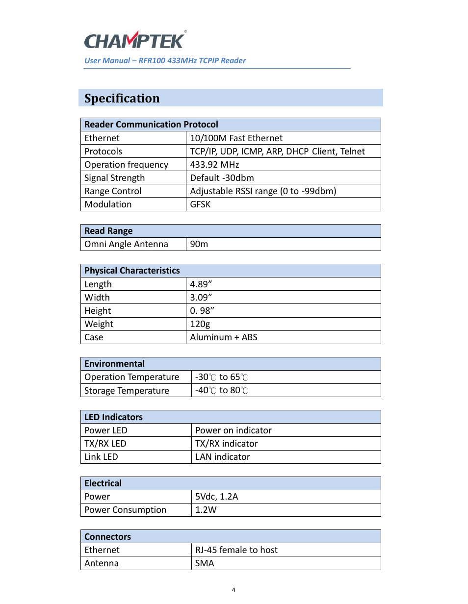 Specification | SCANTECH ID (Champtek company) RFR100 User Manual | Page 4 / 16