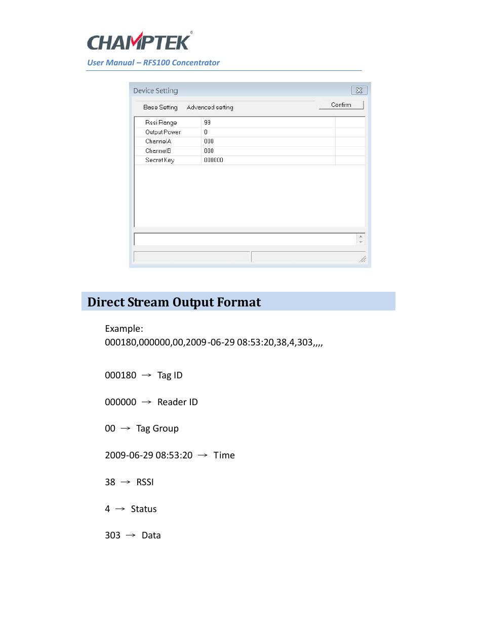 Direct stream output format | SCANTECH ID (Champtek company) RFS100 User Manual | Page 10 / 14
