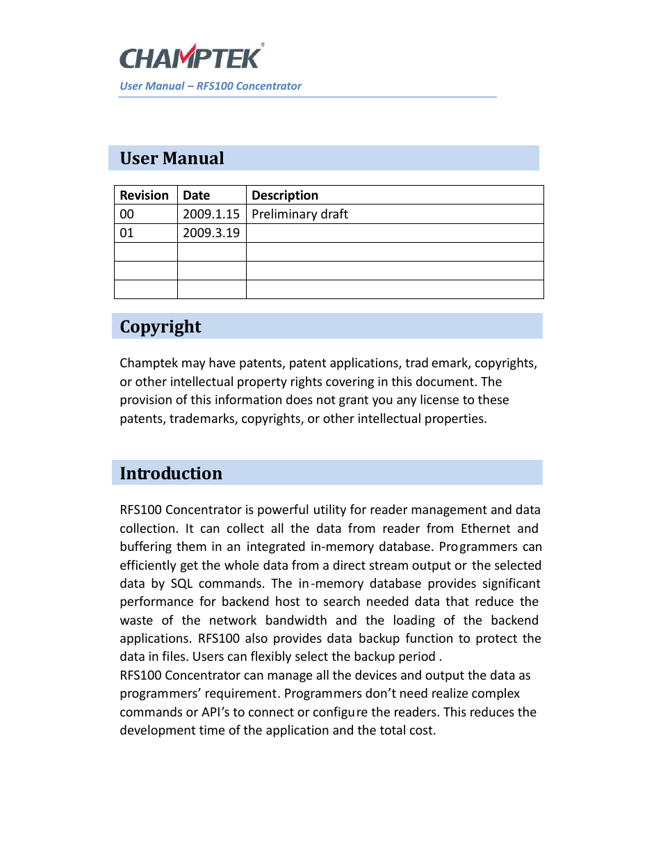 User manual, Copyright, Introduction | SCANTECH ID (Champtek company) RFS100 User Manual | Page 2 / 14